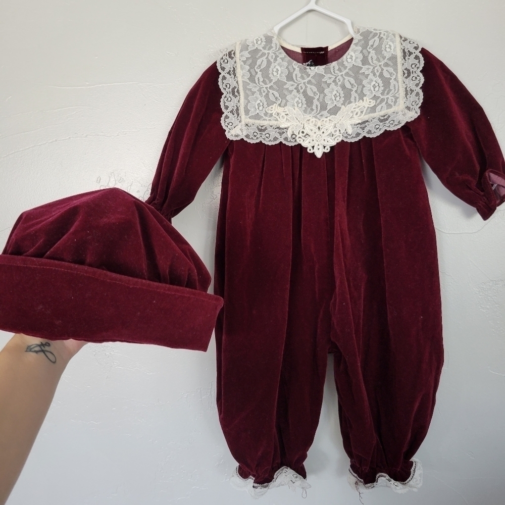 Jolene Vintage Burgundy Velvet One Piece Outfit Hat Set White Lace Baby Girl 12